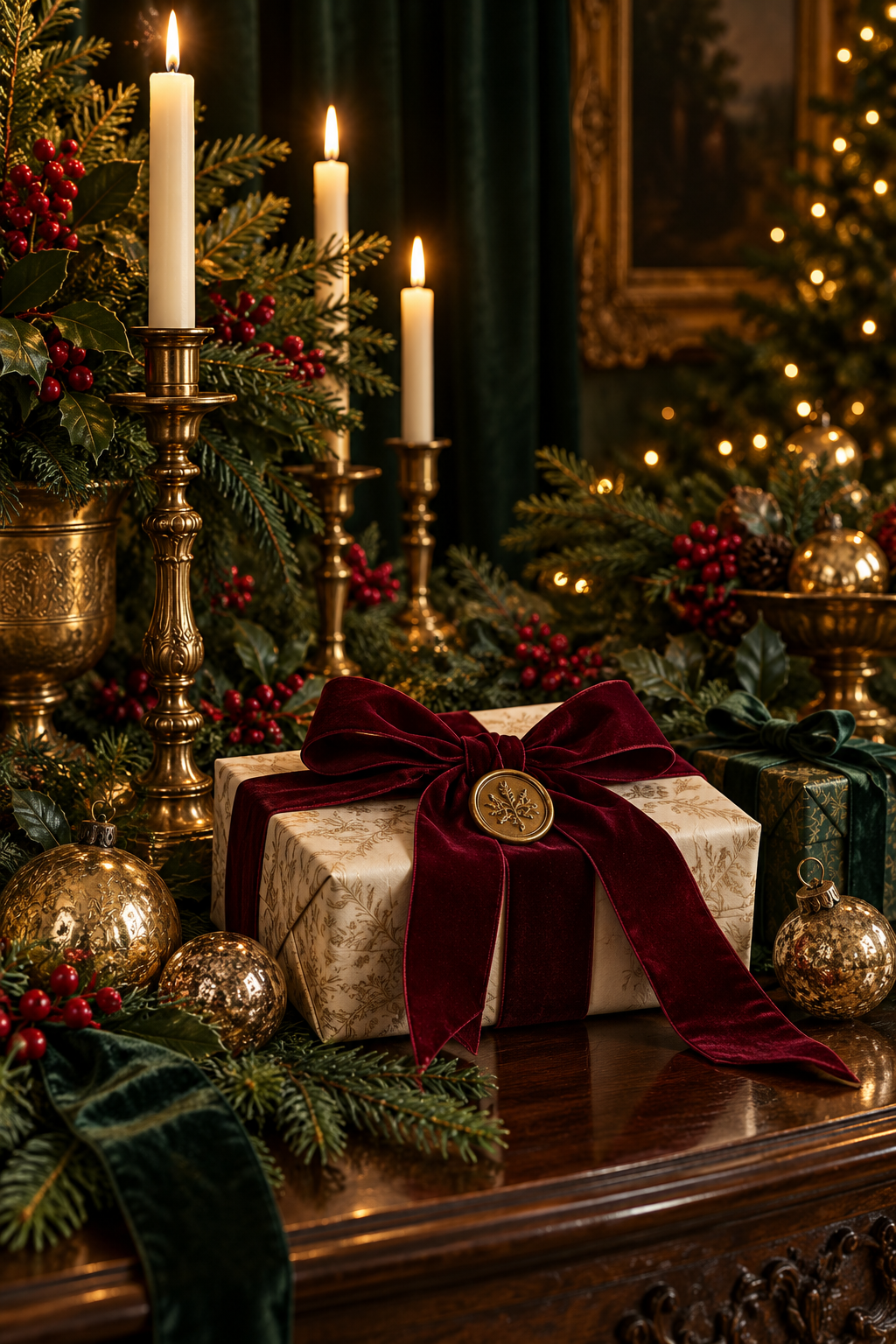Geschenke mit bordeauxroten Samtschleifen, Tannenzweigen und Kerzenschein